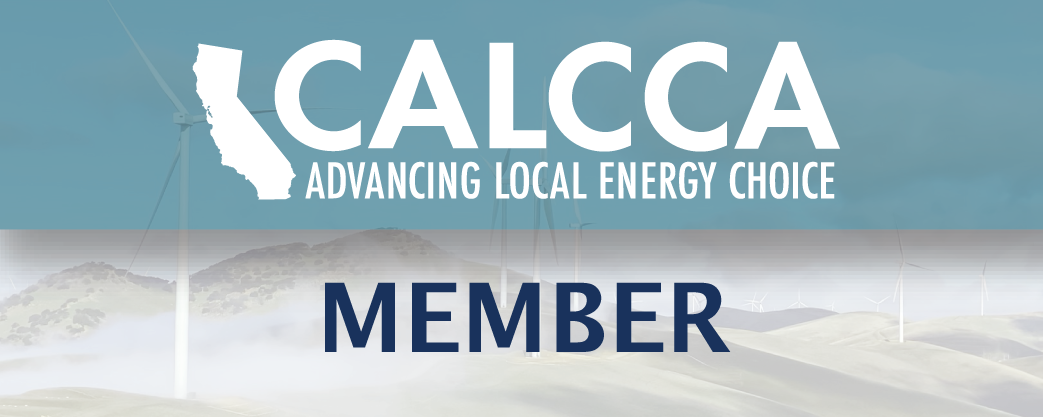 CALCCA logo with the text Advancing Local Energy Choice and Member over a background of hills and wind turbines.