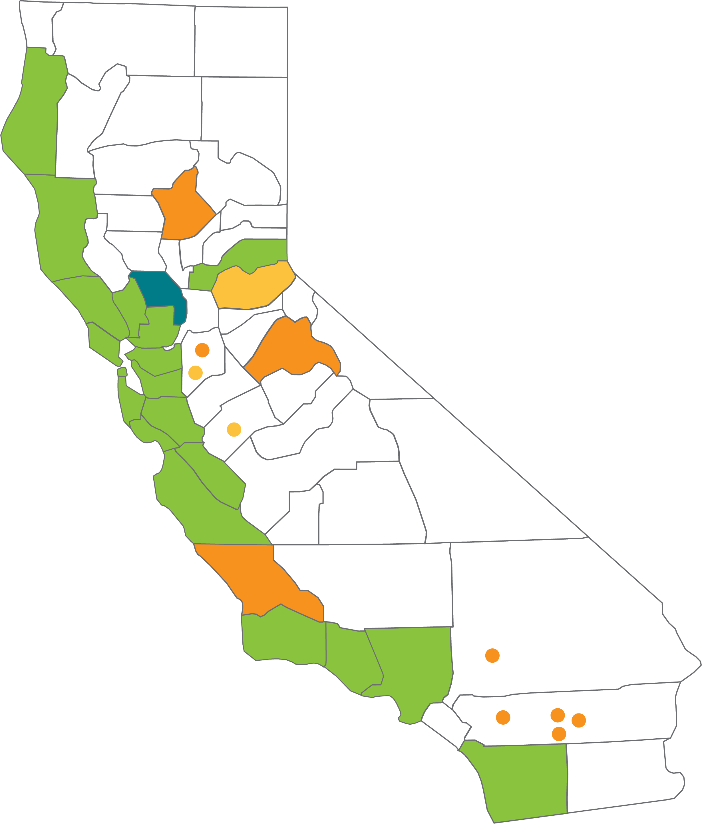 Map of California with counties highlighted in green, orange, blue, and yellow to show different California electricity options; others uncolored.
