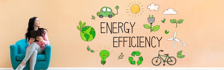 Woman sitting on a blue chair with tablet, next to wall art featuring Energy Efficiency and eco-themed illustrations.