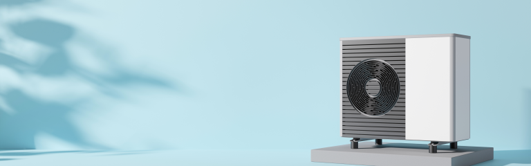 A heat pump unit stands on a platform against a light blue background with a shadow on the left side.