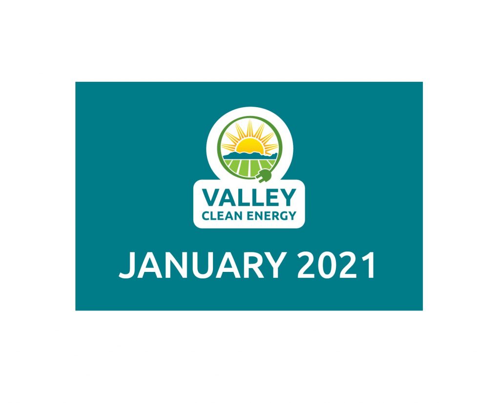 Valley Clean Energy logo above the text January 2021 on a teal background.