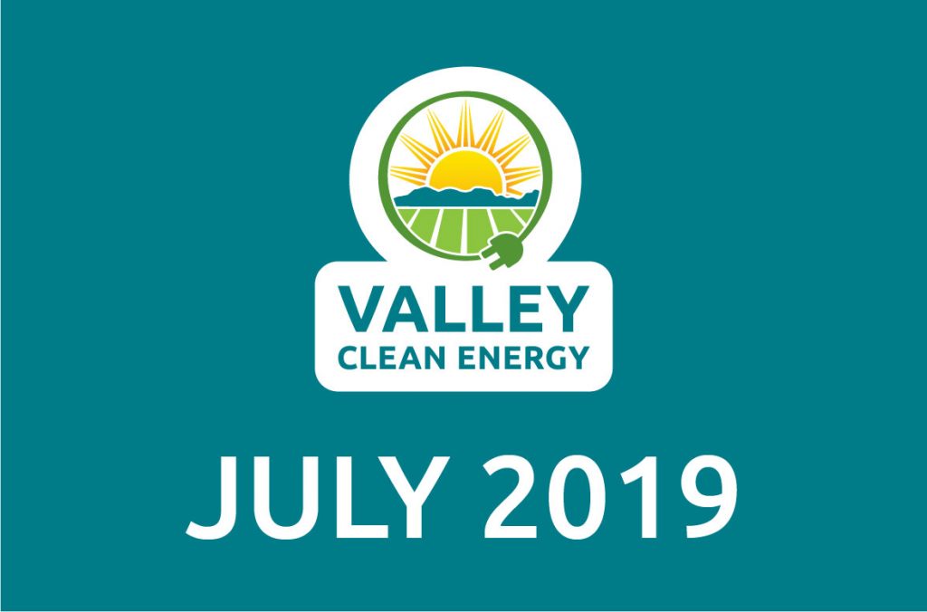 Valley Clean Energy logo with a sun and fields above the text July 2019 on a teal background.