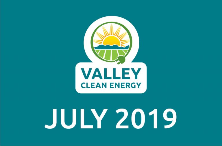 Valley Clean Energy logo with a sun and fields above the text July 2019 on a teal background.