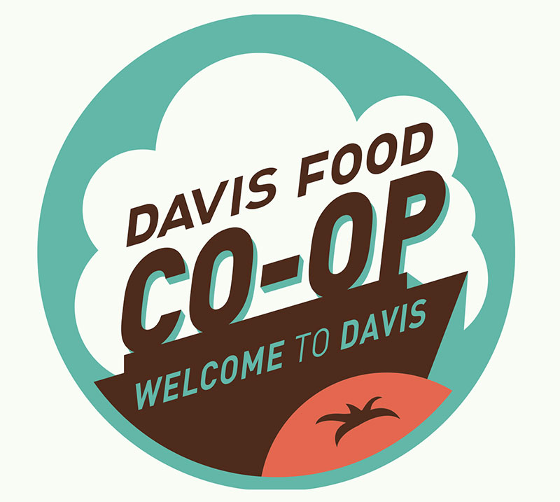 Logo for Davis Food Co-Op with text Welcome to Davis and an illustration of a tomato at the bottom.