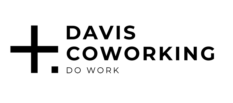 Black text reads Davis Coworking Do Work with a plus and dot symbol on a light background.