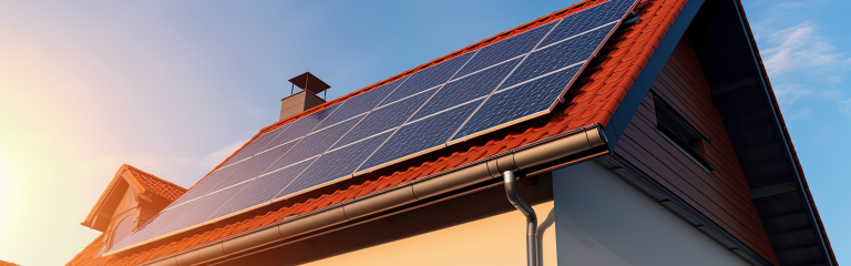 Solar panels installed on a sloped red-tile roof of a house with sunlight reflecting off the panels.