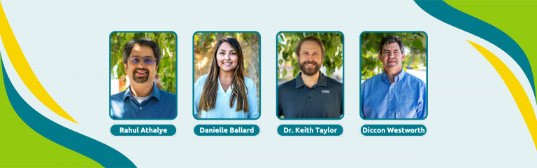 Four people are shown in individual framed photos, labeled as Rahul Abhaye, Danielle Ballard, Dr. Keith Taylor, and Diccon Westworth.