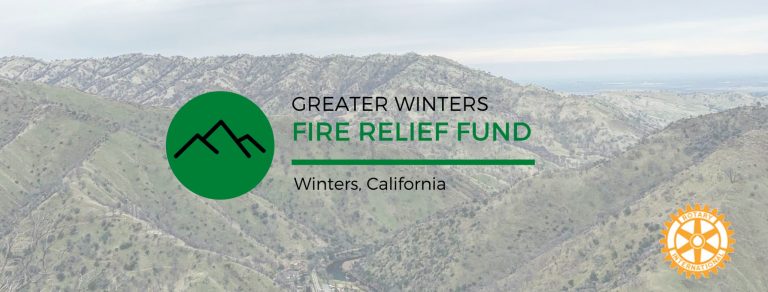 A mountain landscape with text: Greater Winters Fire Relief Fund, Winters, California, and a Rotary International logo in the corner.