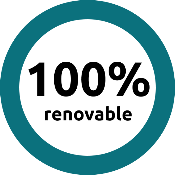 A teal circle surrounds the bold text 100% renovable on a white background, indicating full use of renewable resources.